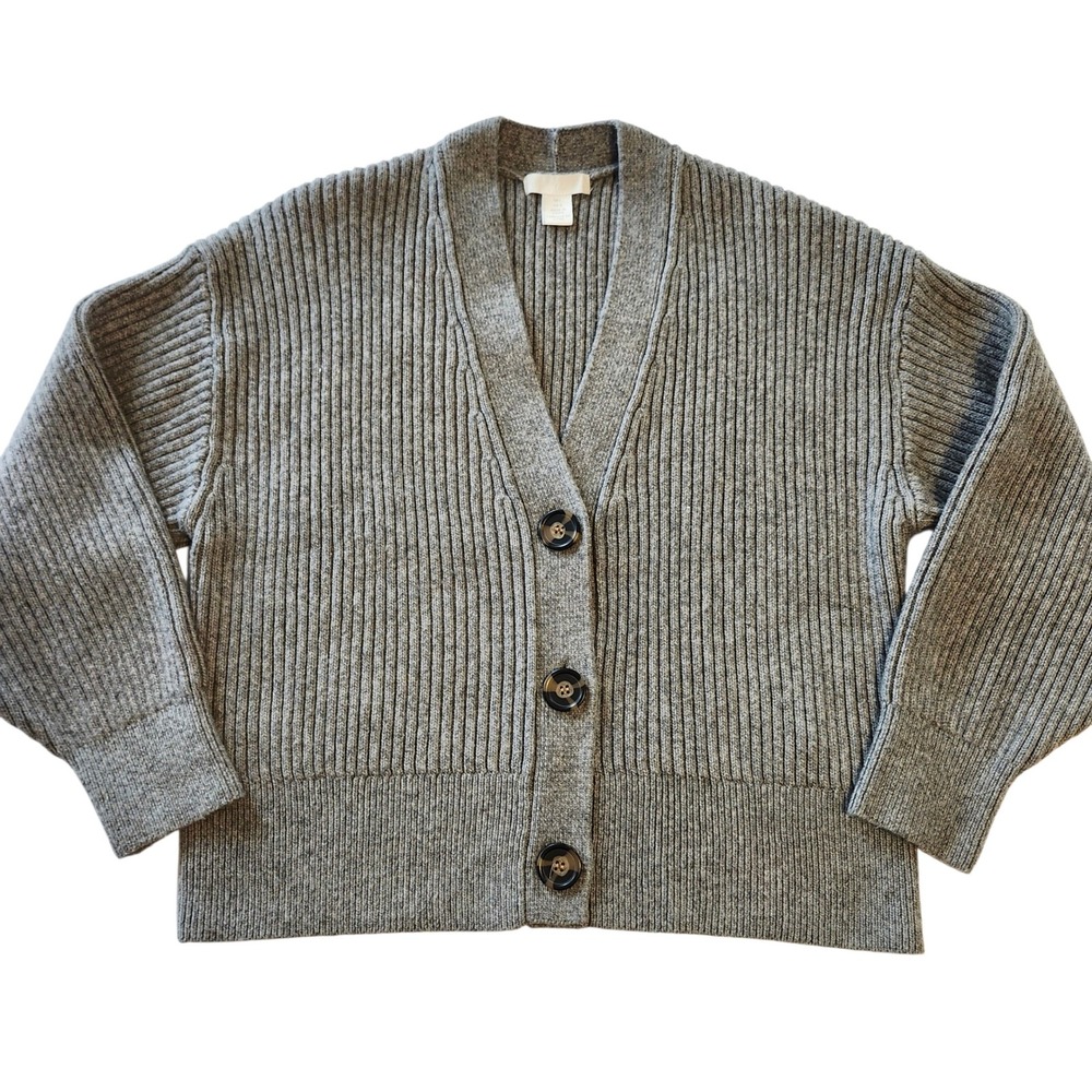 H&M Ribbed Chunky V-Neck Cardigan Sweater Gray Long Sleeve Buttons Women's Large